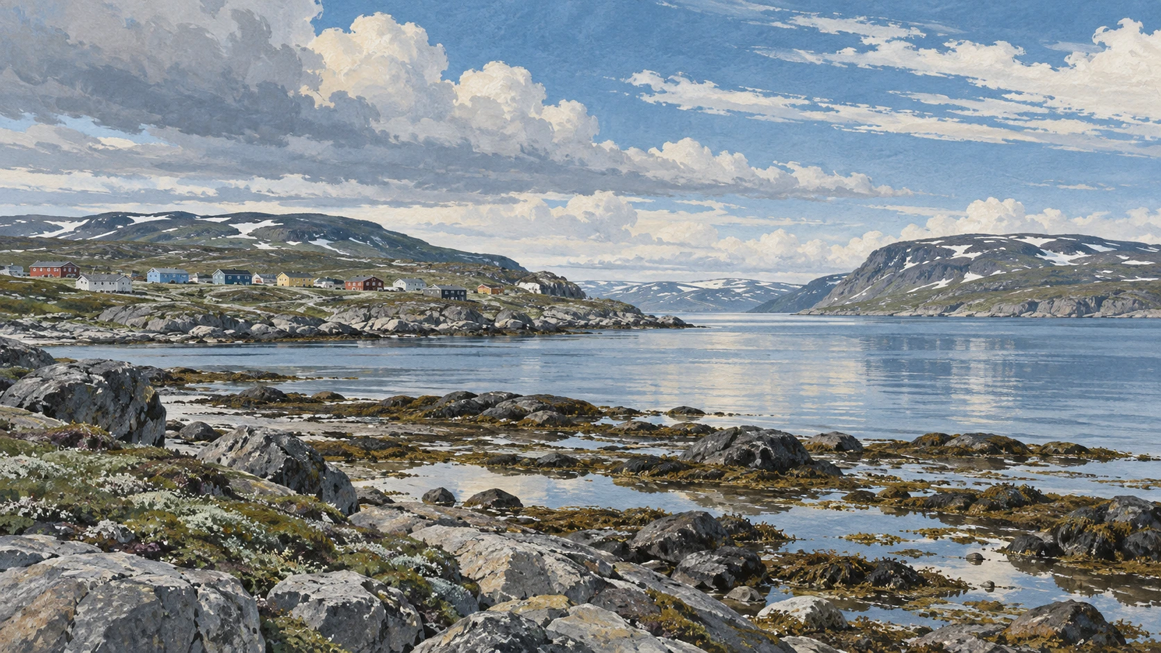 Coastal shoreline of Koojesse Inlet near Iqaluit with rocky tidal flats and northern buildings.