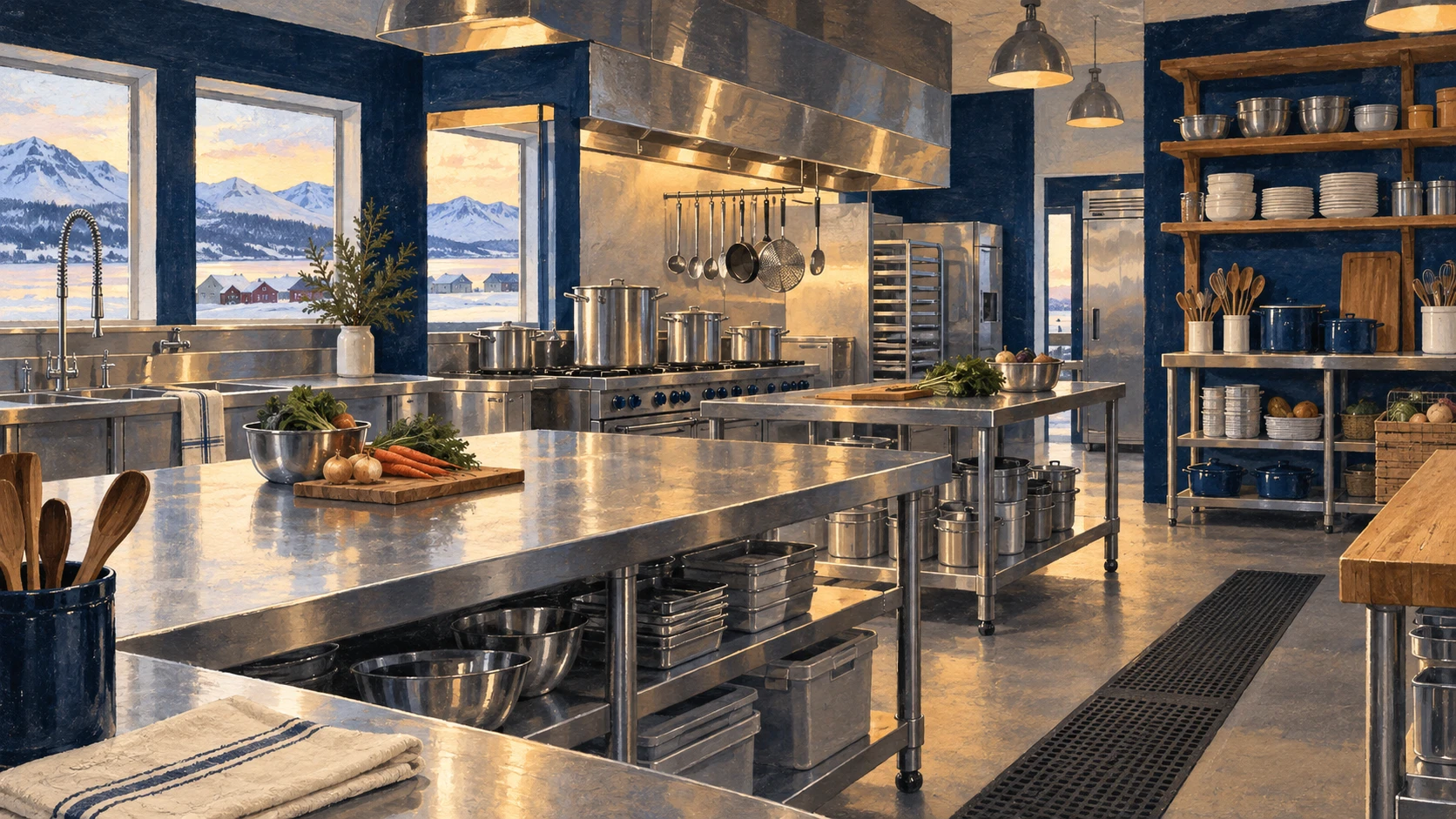 Empty commercial community kitchen with stainless steel counters and cookware in northern Canada.
