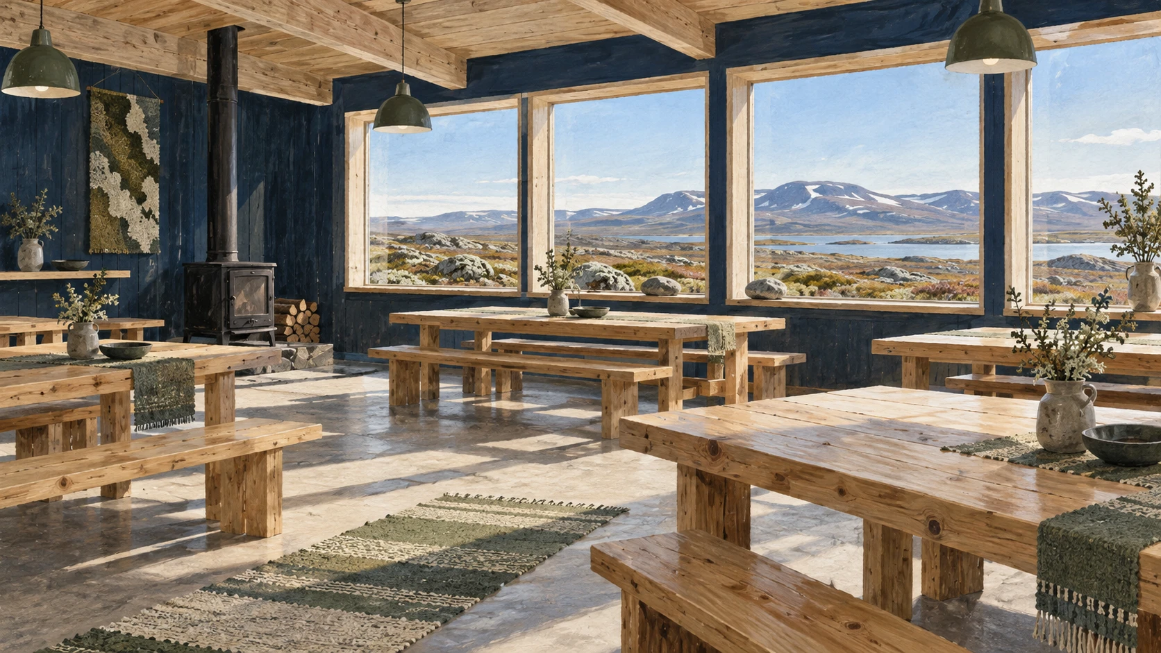 Atmospheric empty dining hall with wooden tables and benches overlooking Arctic tundra.