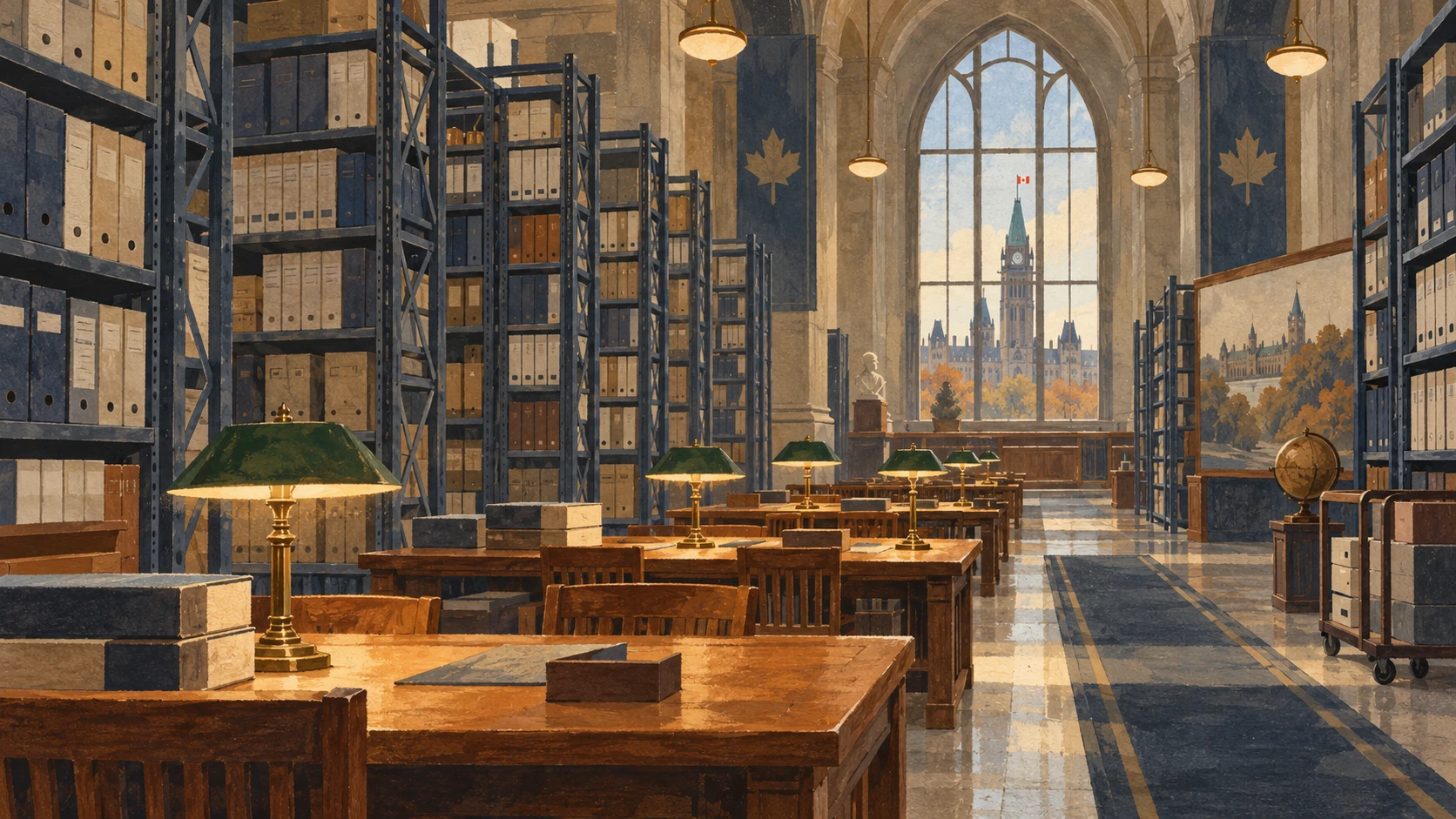 Wide interior architectural illustration of a national records repository and demographic archive hall.