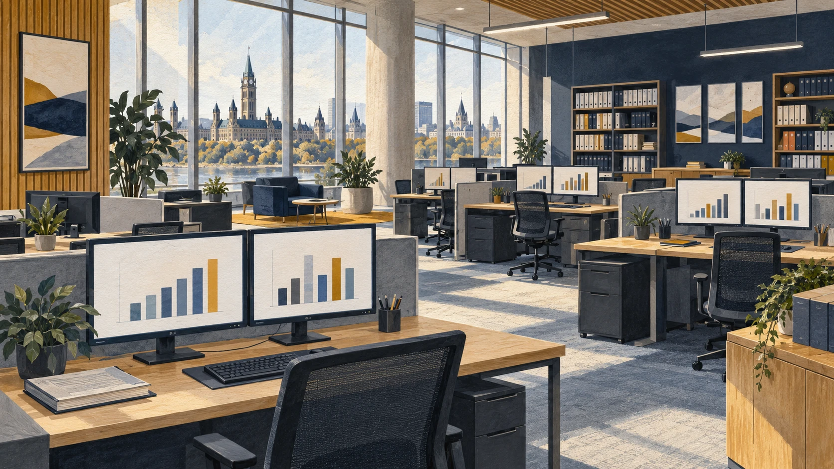 Wide interior architectural illustration of a demographic research facility.
