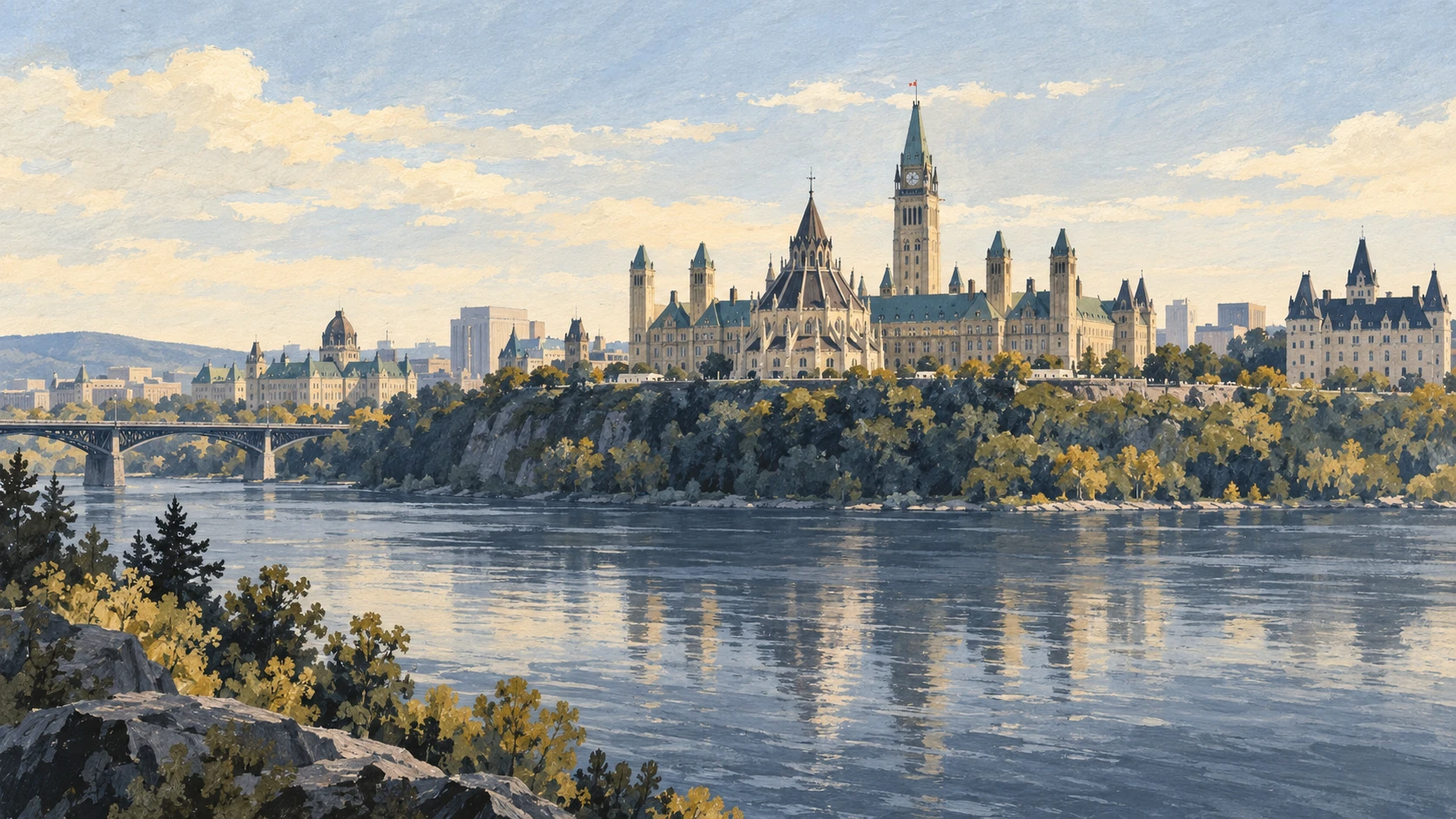 Wide panoramic architectural landscape illustration of federal institutional buildings in Ottawa.