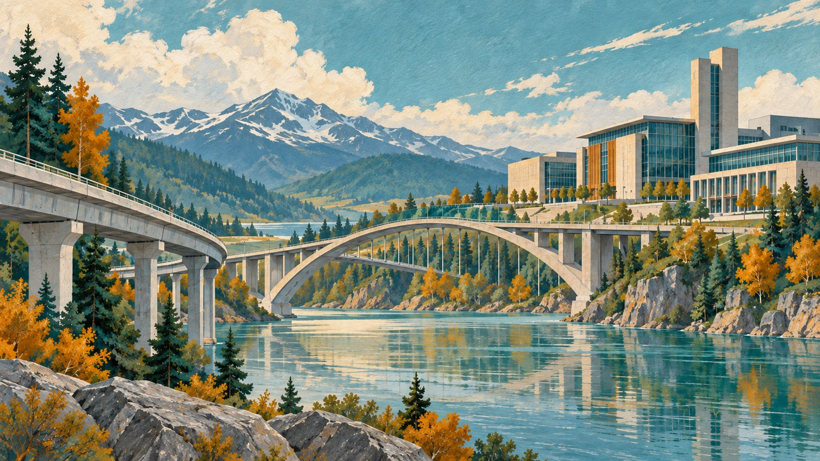 Wide landscape illustration of Canadian civic infrastructure and administrative facilities.