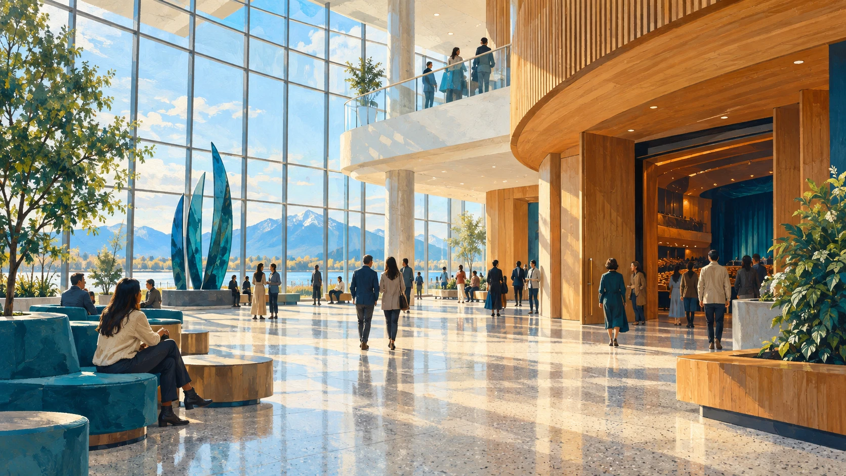 Airy modern civic theatre atrium and public lobby with natural daylight in Richmond.