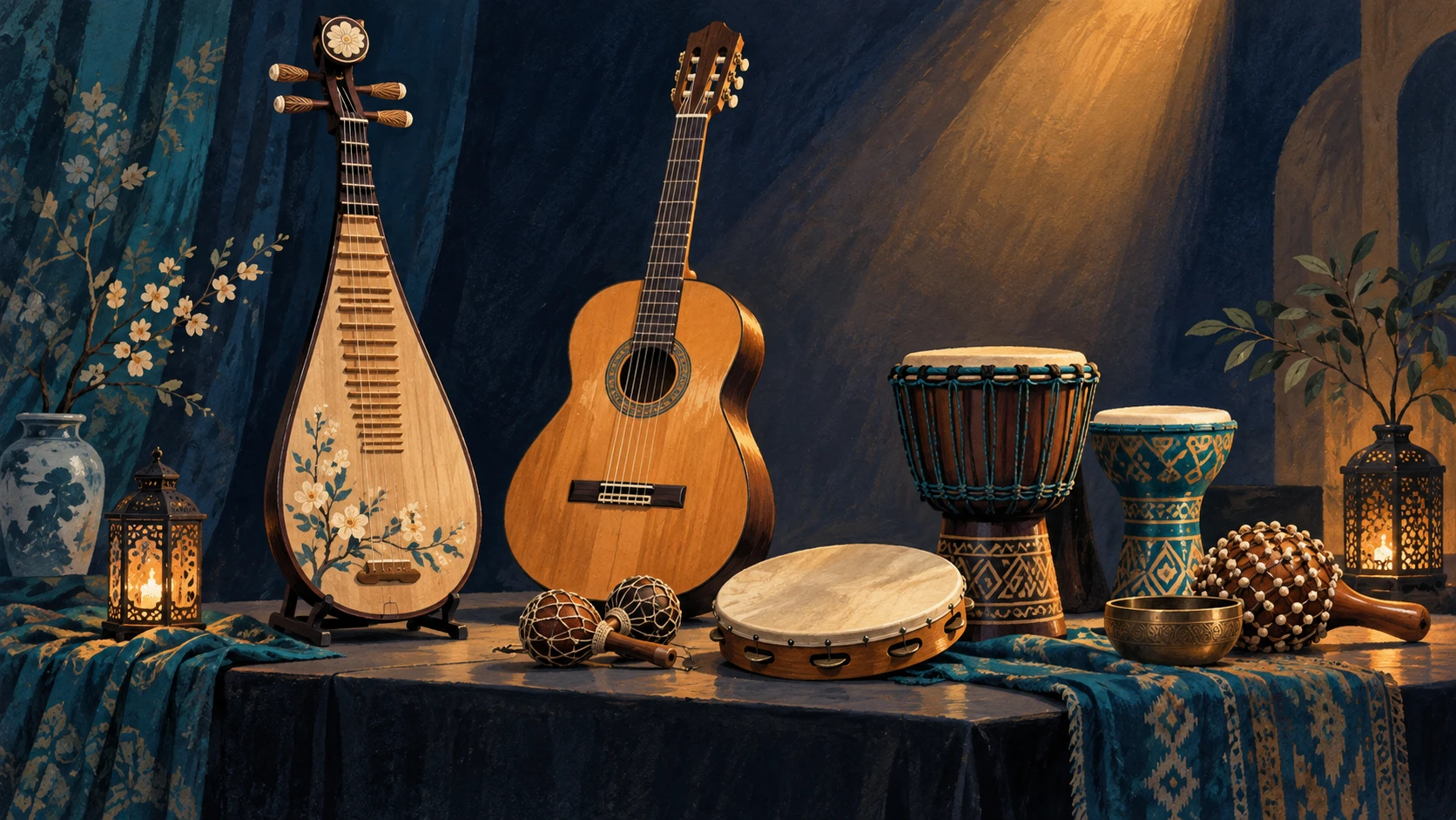 Cross-cultural acoustic instruments including Chinese pipa and nylon string guitar on stage.