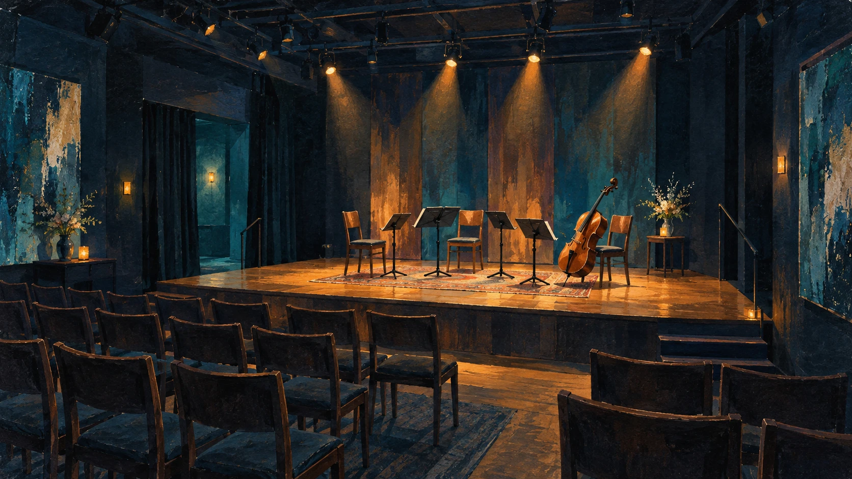 Intimate acoustic stage in Studio B black-box theatre with warm golden lighting.