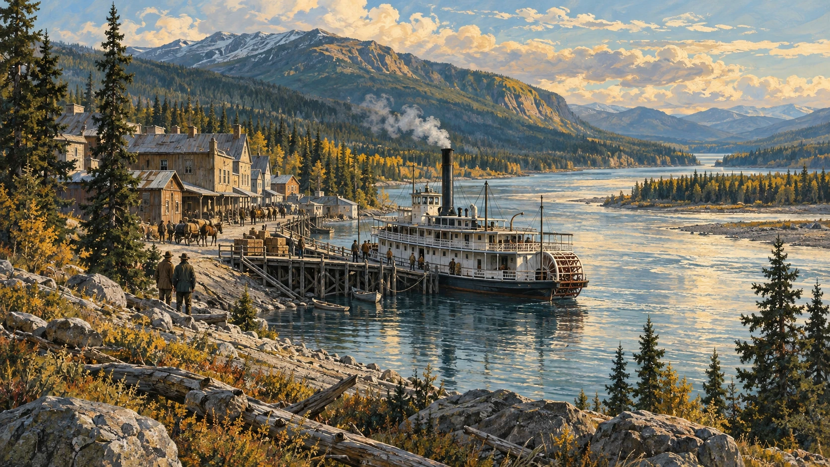Historic Dawson City riverfront with wooden boardwalks and false-front buildings.
