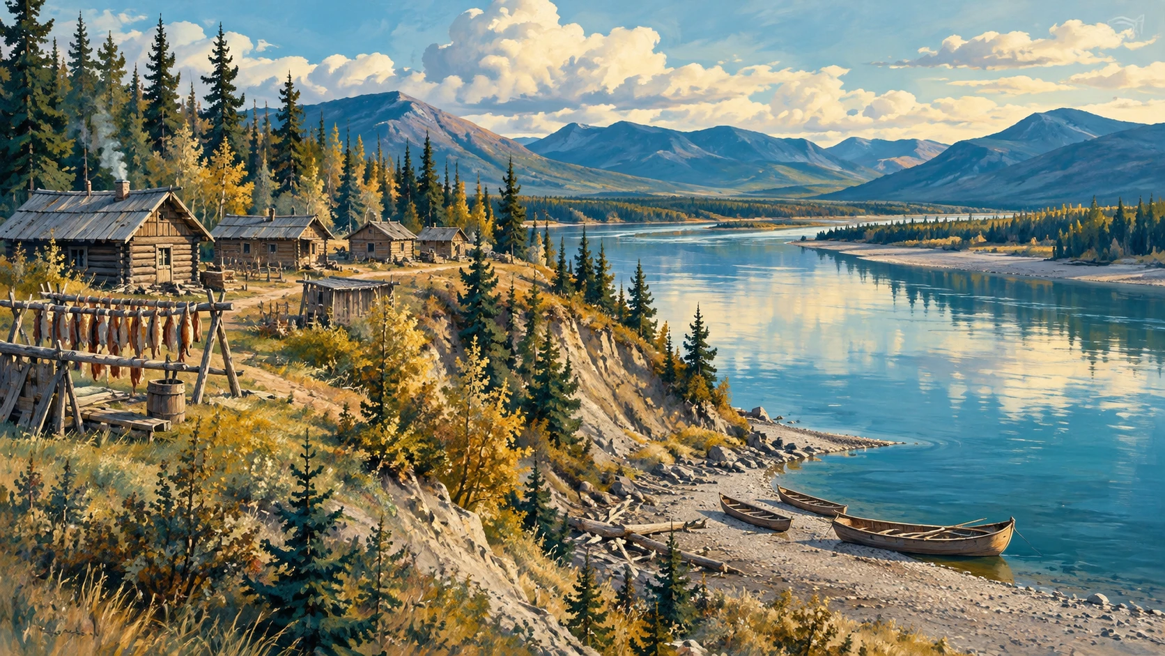 An expansive view of the upper Yukon River showing river bluffs and component sites.
