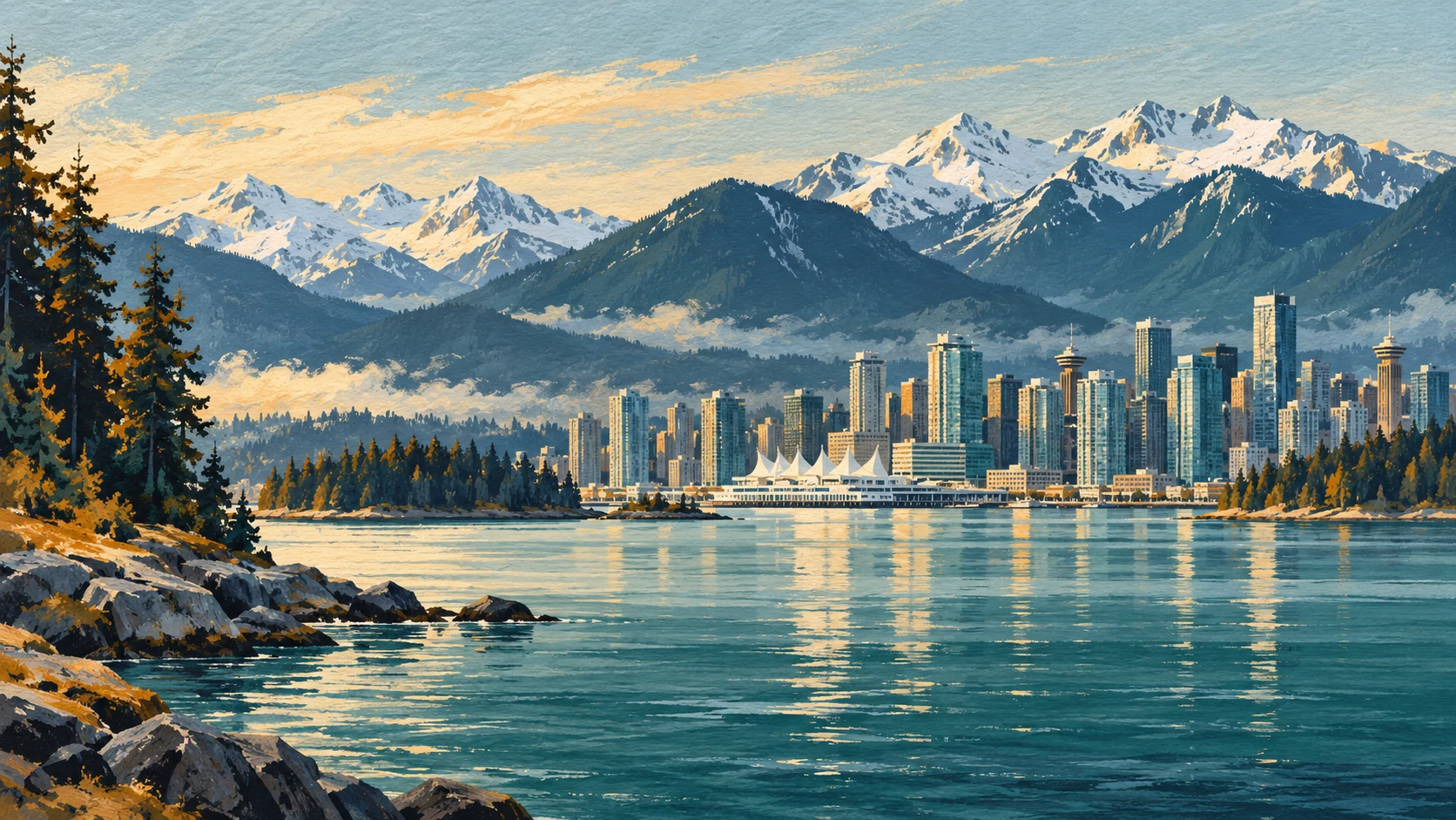 Wide panoramic urban landscape illustration of Vancouver beneath the North Shore Mountains.