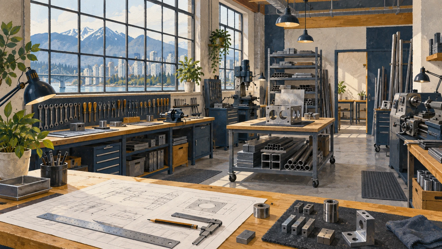 Wide interior architectural illustration of an independent commercial manufacturing workshop.