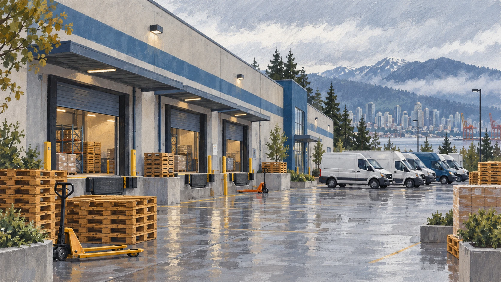 Wide landscape illustration of a local commercial warehouse and logistics distribution yard.