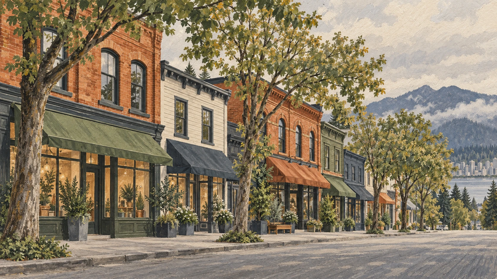 Wide street-level architectural landscape illustration of commercial neighborhood storefronts in Vancouver.