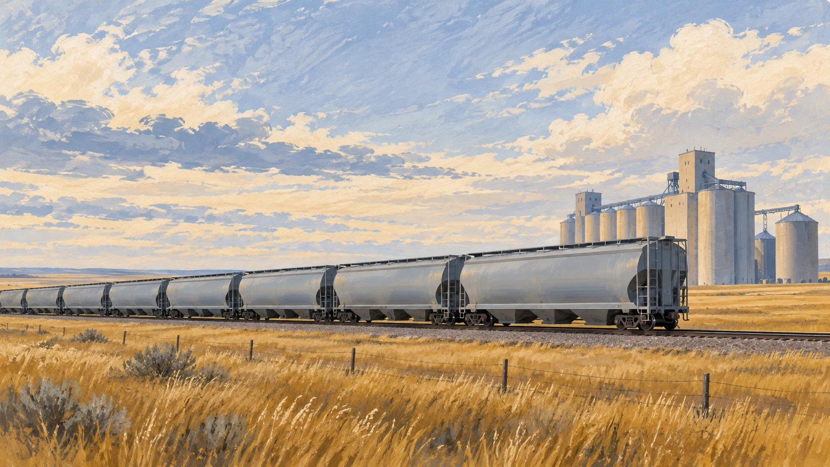 Wide landscape illustration of cylindrical bulk grain hopper rail cars on a prairie siding.