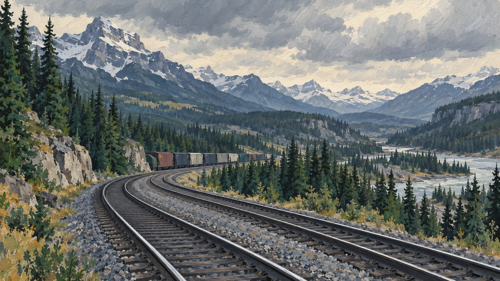 Wide panoramic landscape illustration of freight rail corridors traversing western Canadian terrain.