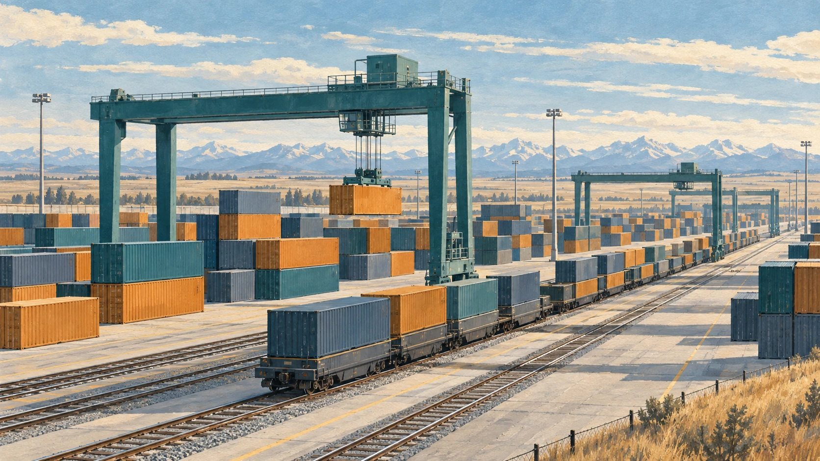 Wide architectural industrial illustration of an inland intermodal rail container terminal.