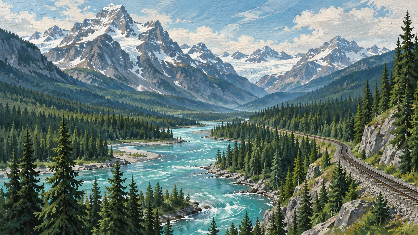 Wide dramatic landscape illustration of a Canadian mountain rail freight corridor following a river valley.