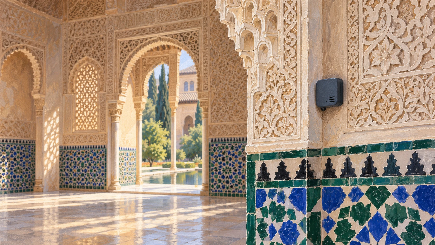 Discreet wireless microclimatic sensor station monitoring temperature and humidity inside a Nasrid palace hall.