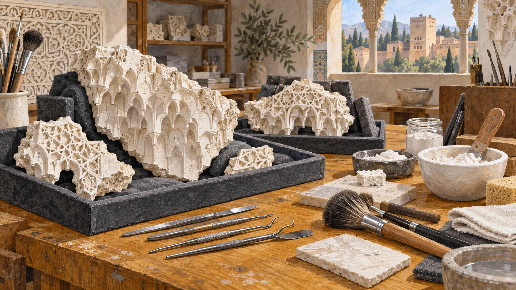 Delicate muqarnas stalactite plaster fragments resting on padded trays during conservation treatment.