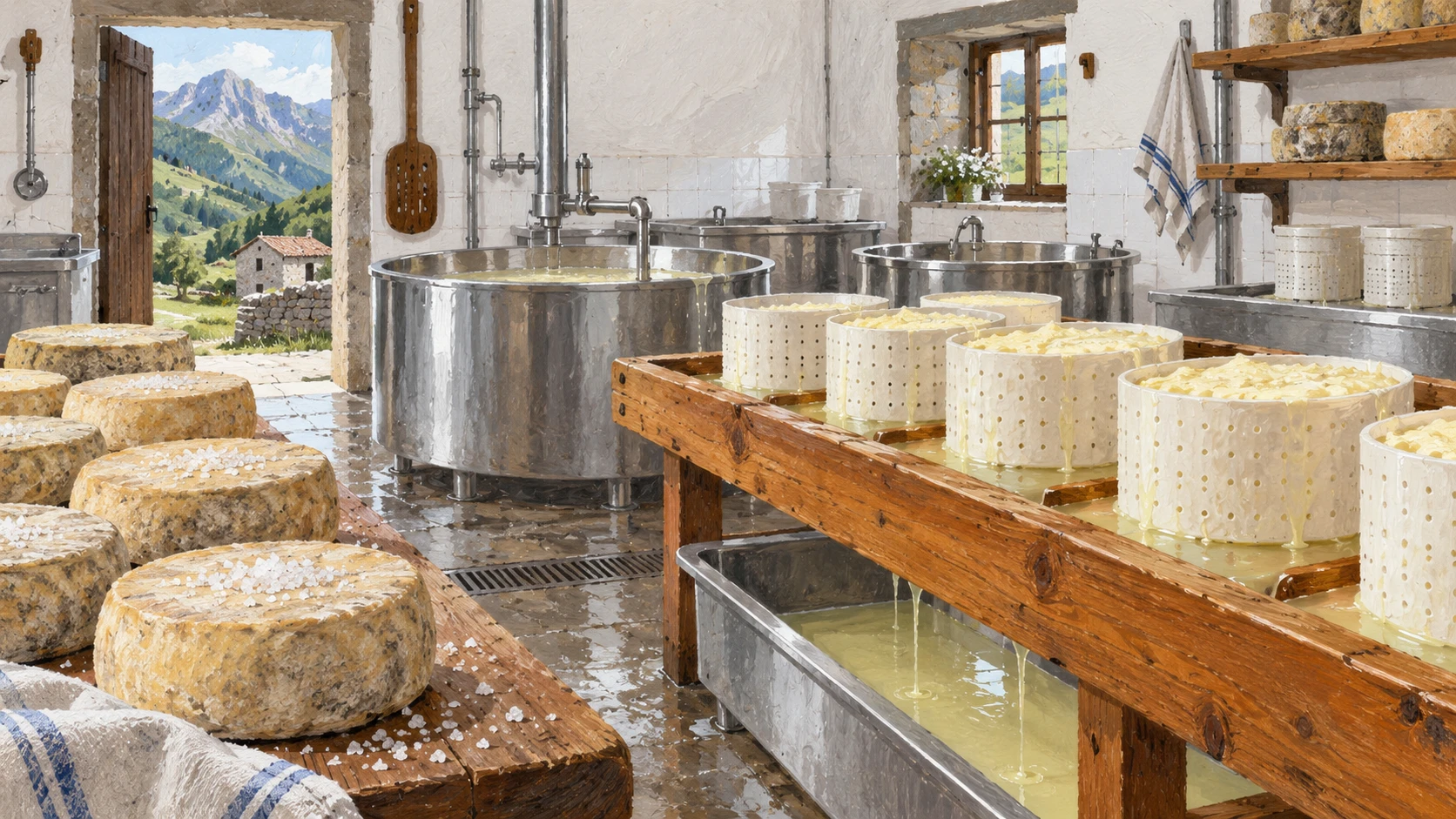 Traditional cheese dairy workshop with stainless steel curd vats and wooden drainage tables.