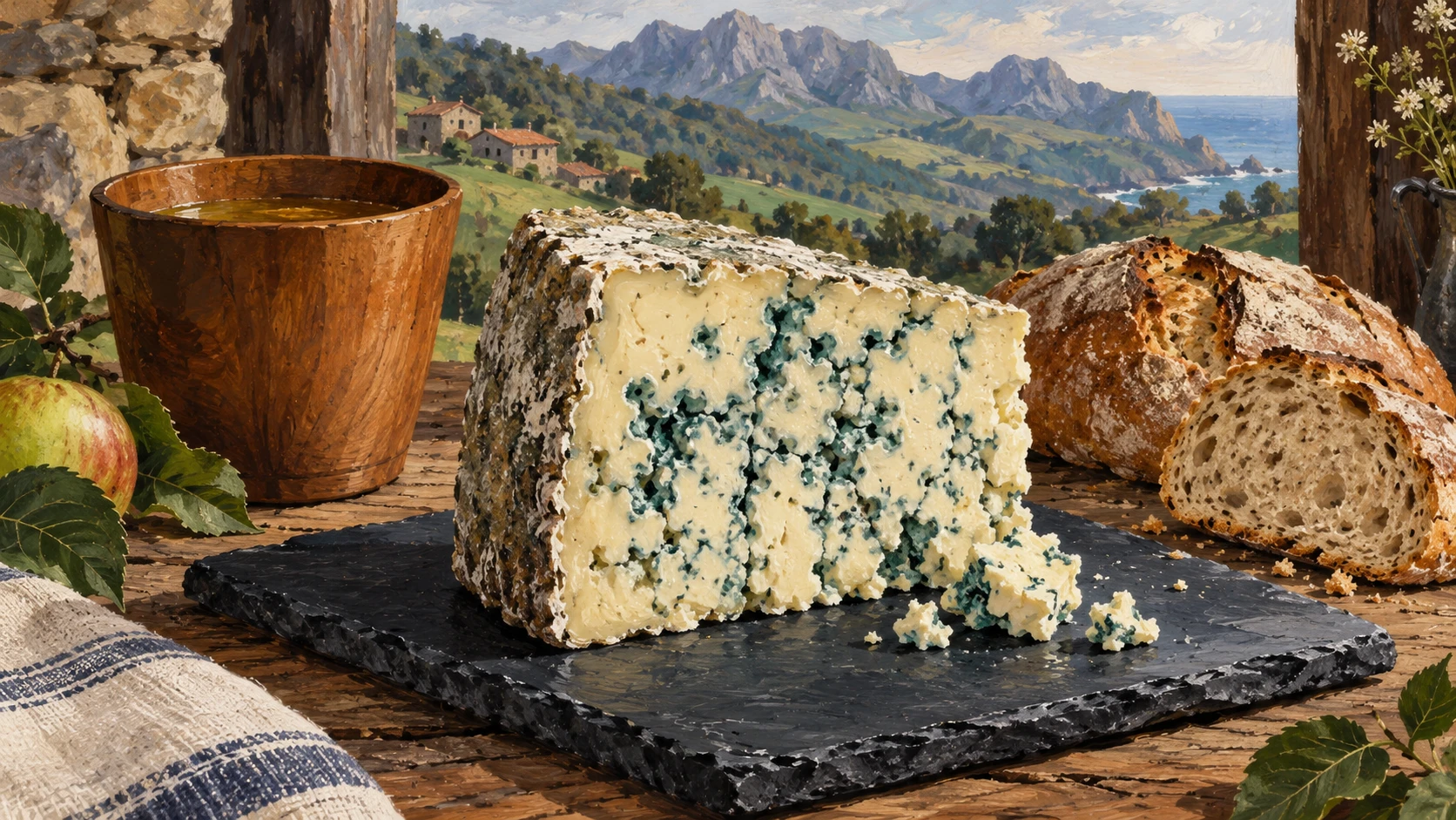Rustic wedge of Cabrales blue cheese with blue-green mold veins on a slate board beside Asturian cider.