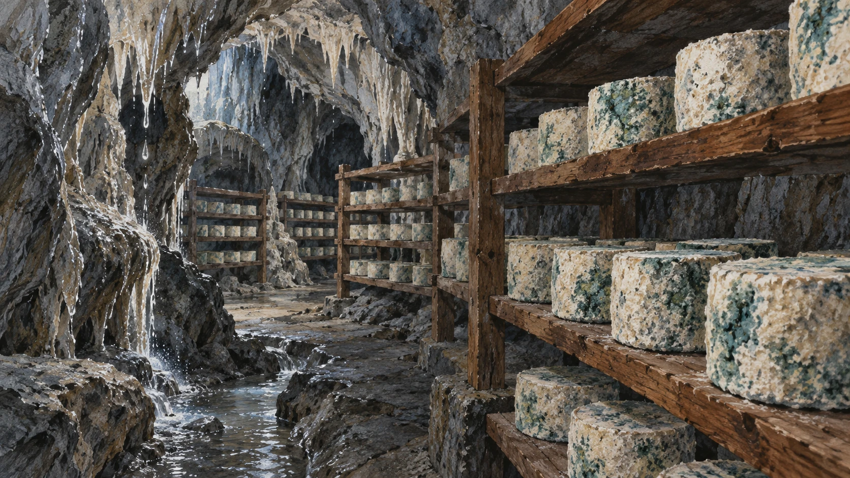 Interior of a natural limestone karst cave with wooden shelves holding maturing Cabrales cheese wheels.