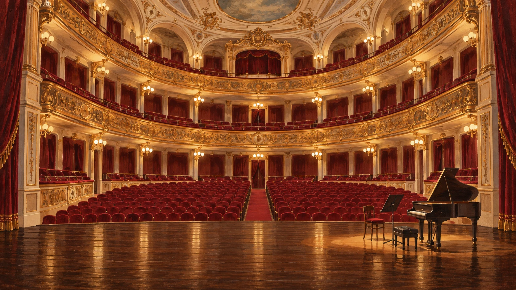 Grand interior of the Teatre Kursaal in Manresa showing tiered balconies, crimson seating, and an empty dark wooden stage.