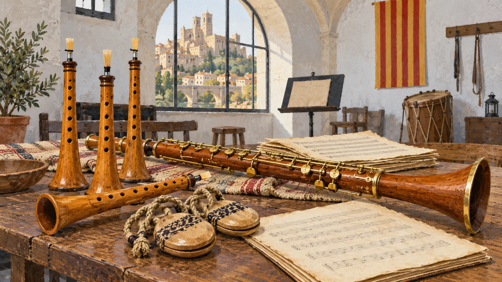 Craftsman still life of traditional Catalan gralla shawms, a tenora woodwind, and sheet music on a rehearsal studio table.