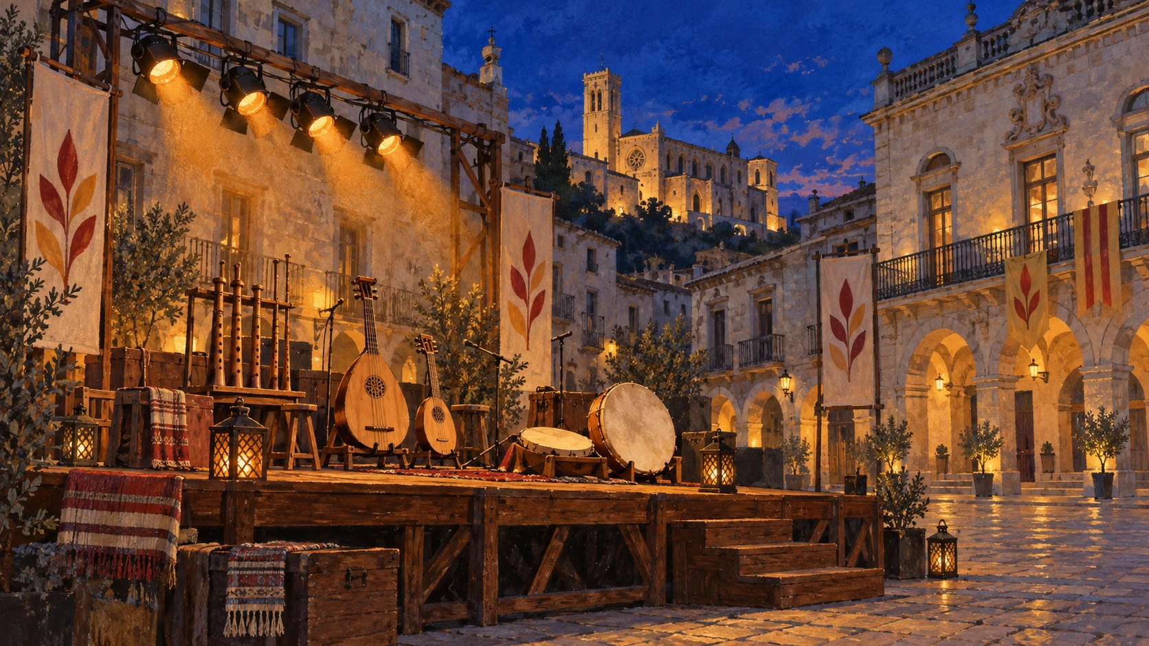 Atmospheric evening view of the Placa Major in Manresa during the Fira Mediterrania with historic stone facades and stage lighting.