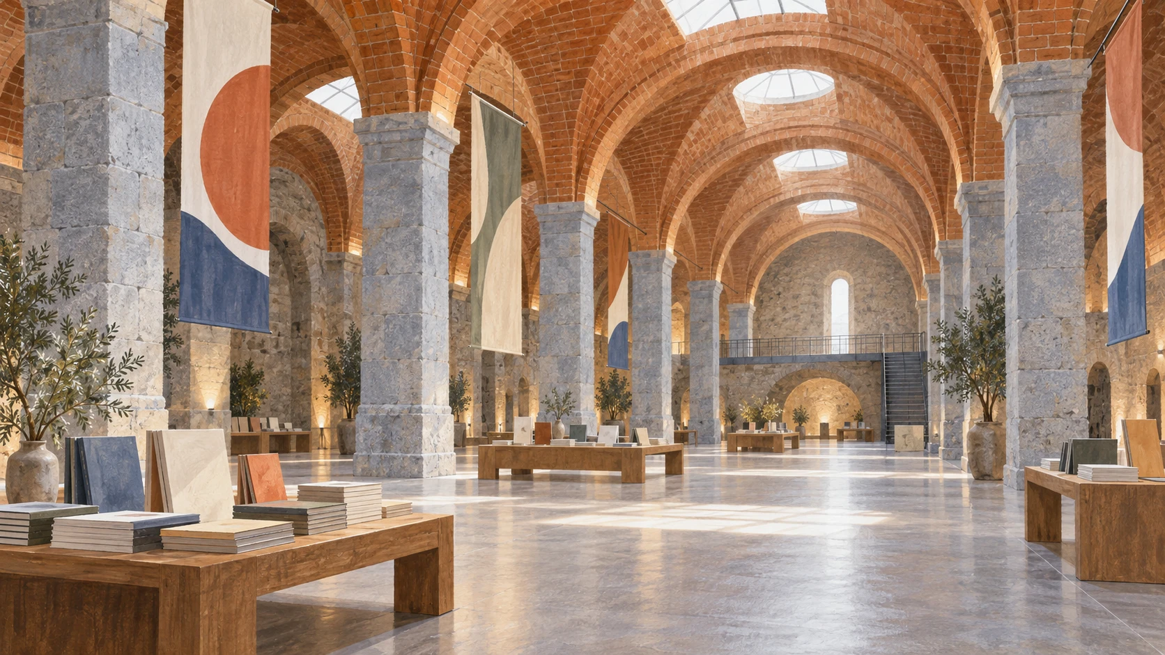 Monumental brick cistern arches and stone pillars inside the Museu de la Tecnica in Manresa during the La Llotja professional market.