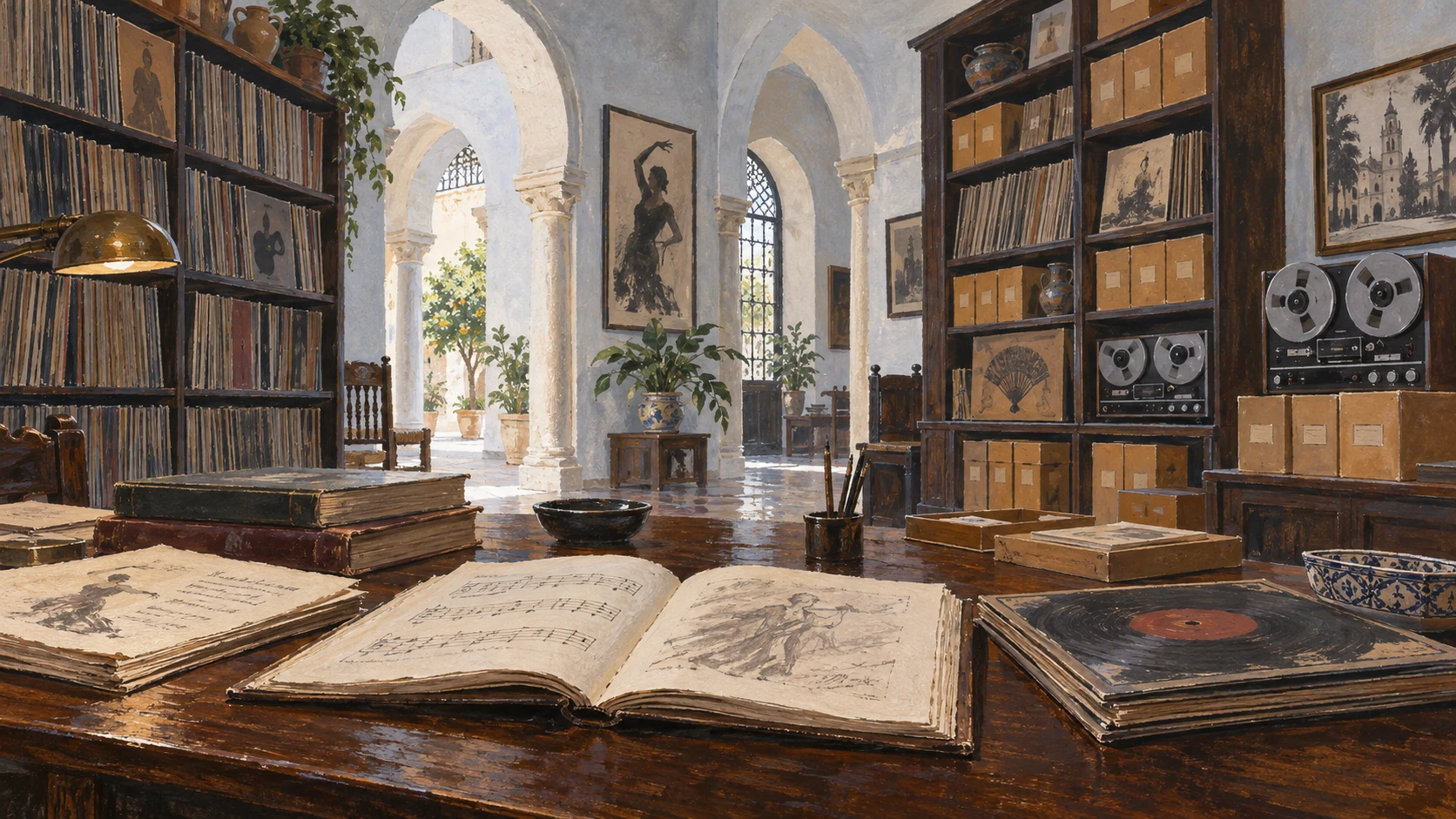 Archival study hall of the Centro Andaluz de Documentacion del Flamenco with historic manuscripts and audio tape reels.