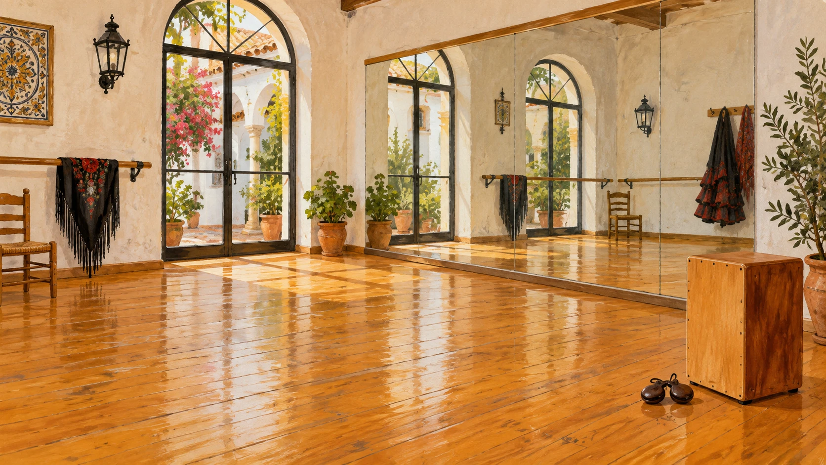 Slatted pine wooden rehearsal dance floor worn from zapateado footwork beside a wooden cajon box.