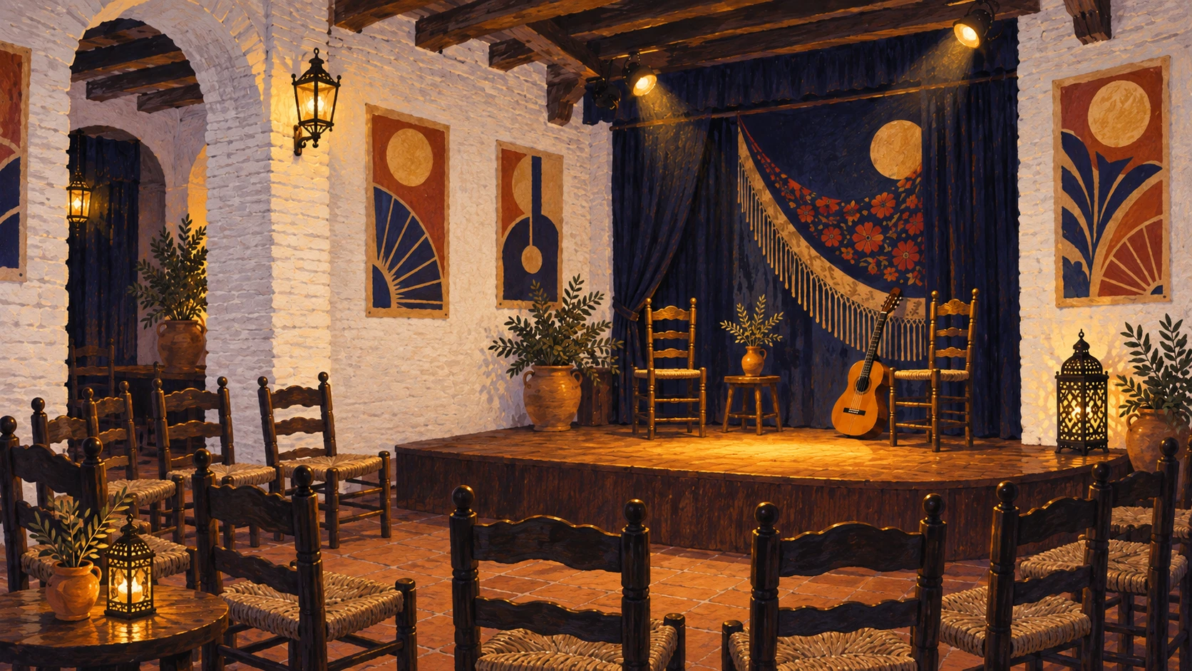 Atmospheric interior of a traditional Andalusian pena flamenca with rush-seated chairs and dark wooden stage.