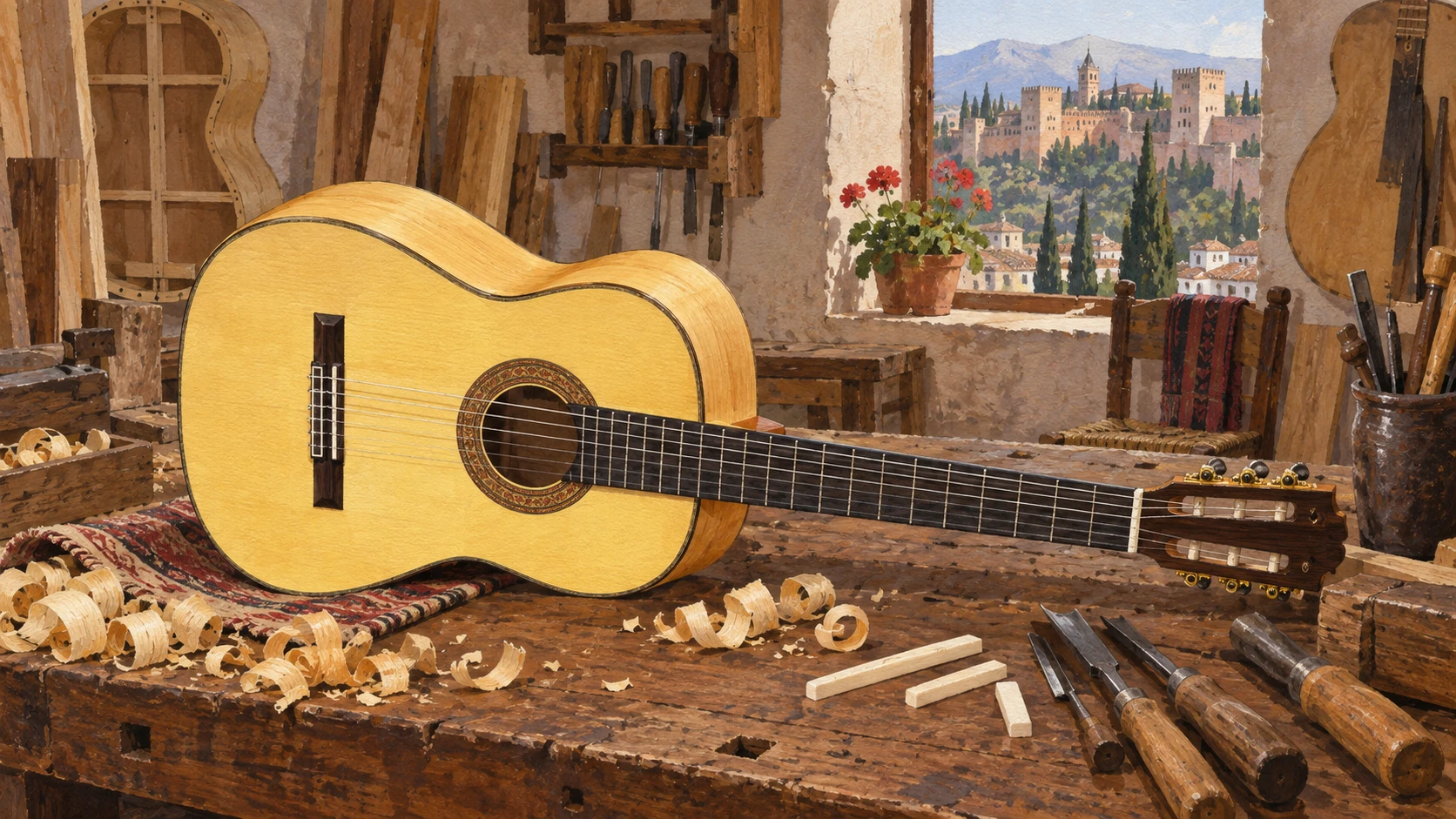 Handcrafted flamenco guitar made of pale Spanish cypress and German spruce soundboard on a workbench.