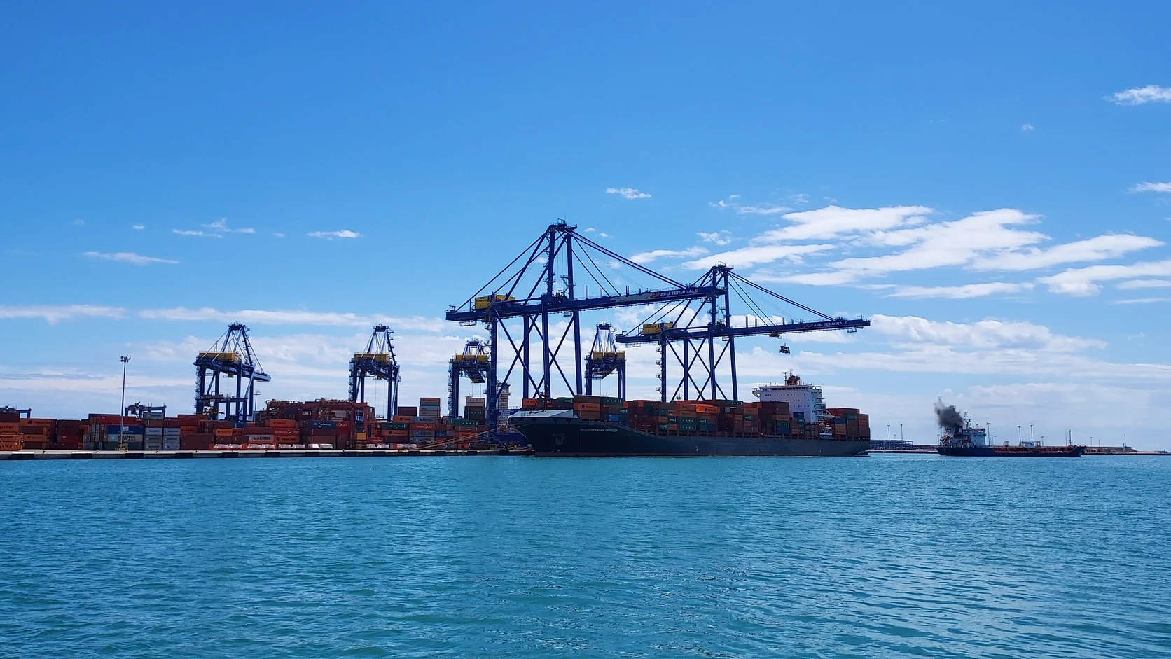 Container terminal at the Port of Valencia with container cranes handling maritime trade cargo.