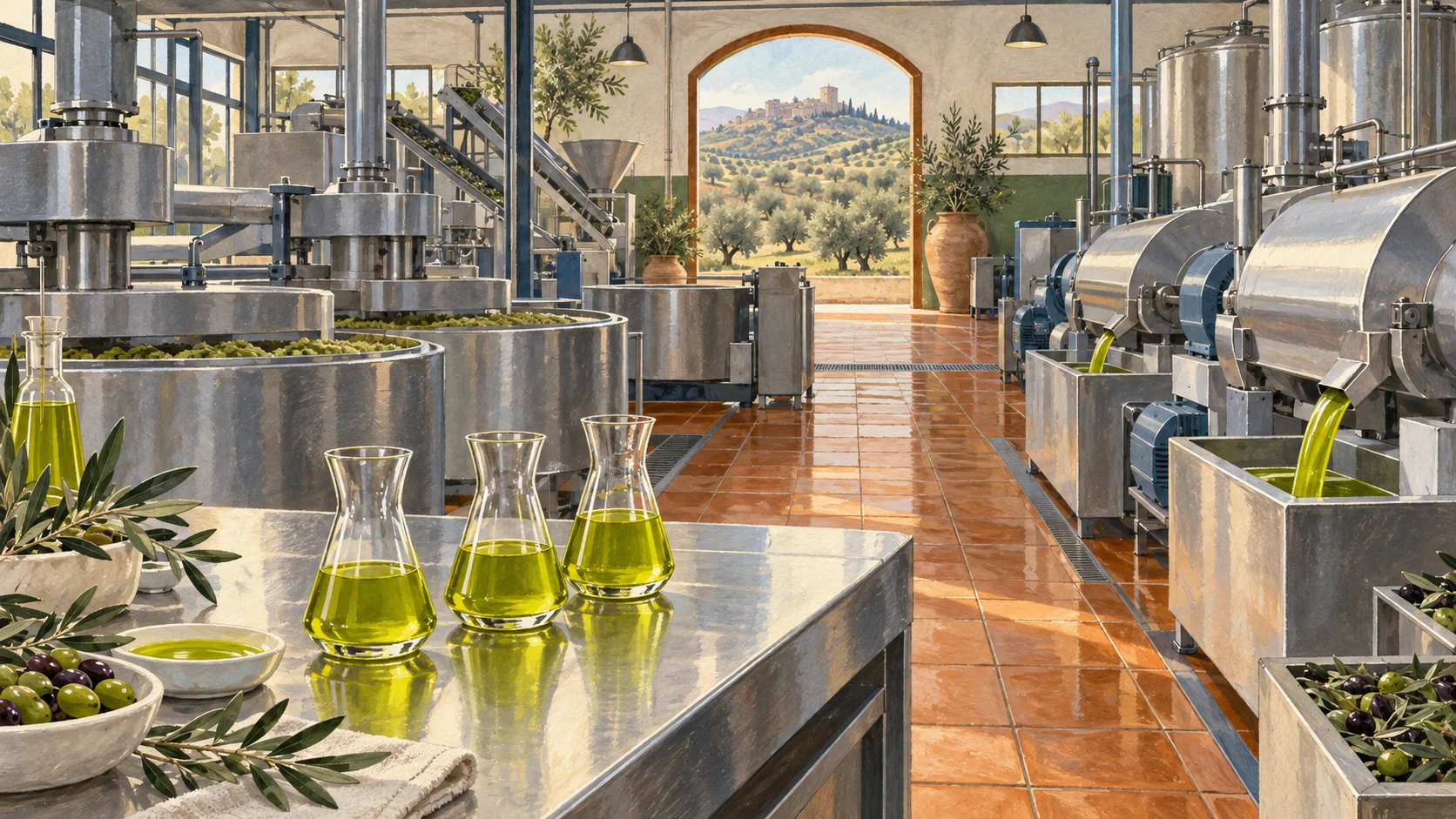 Interior view of an Andalusian olive oil cooperative almazara with stainless steel decanters.