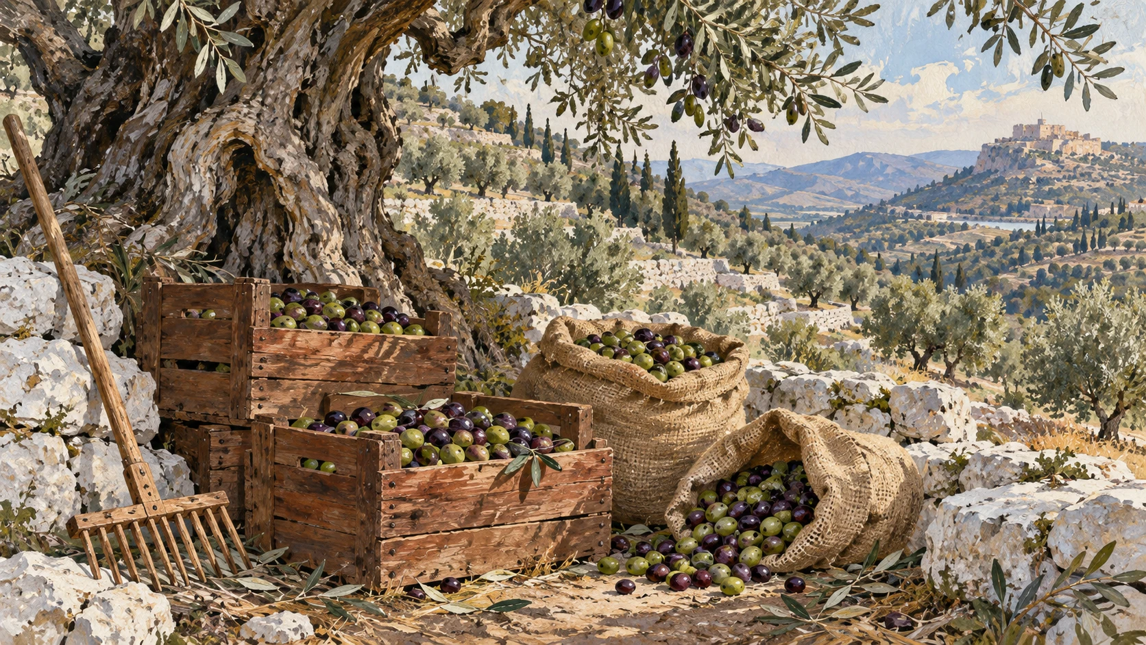 Harvesting crates overflowing with freshly picked Picual olives beneath an ancient olive tree.
