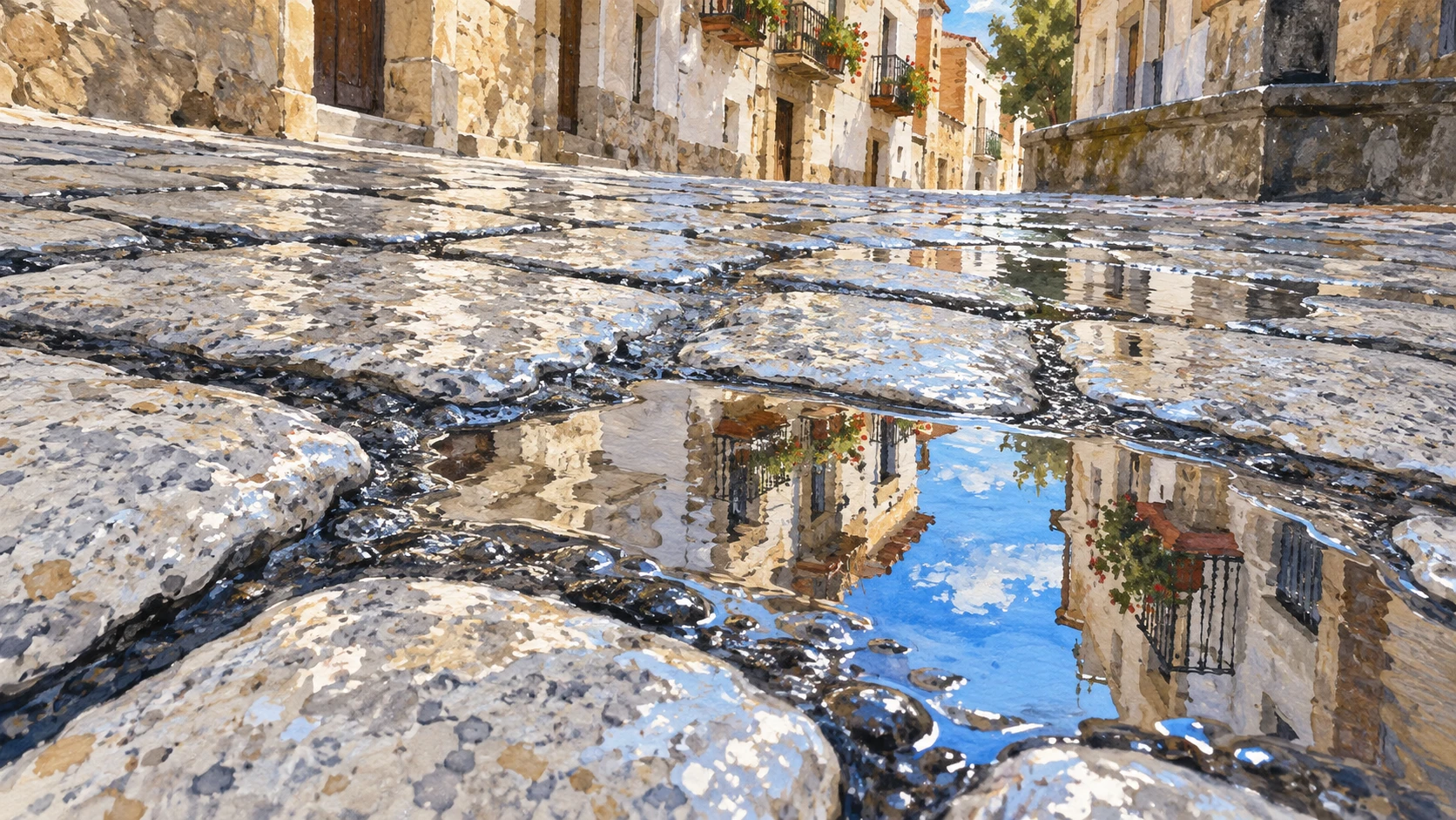 Clean, bright granite cobblestones in Bunol glistening in afternoon sunlight after high-pressure water washing.