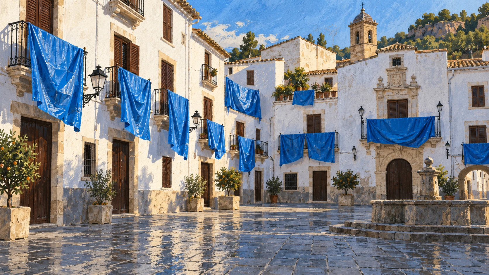 Townhouses in Plaza del Pueblo with blue protective tarpaulins unhooked from stone balconies and clean whitewashed facades.