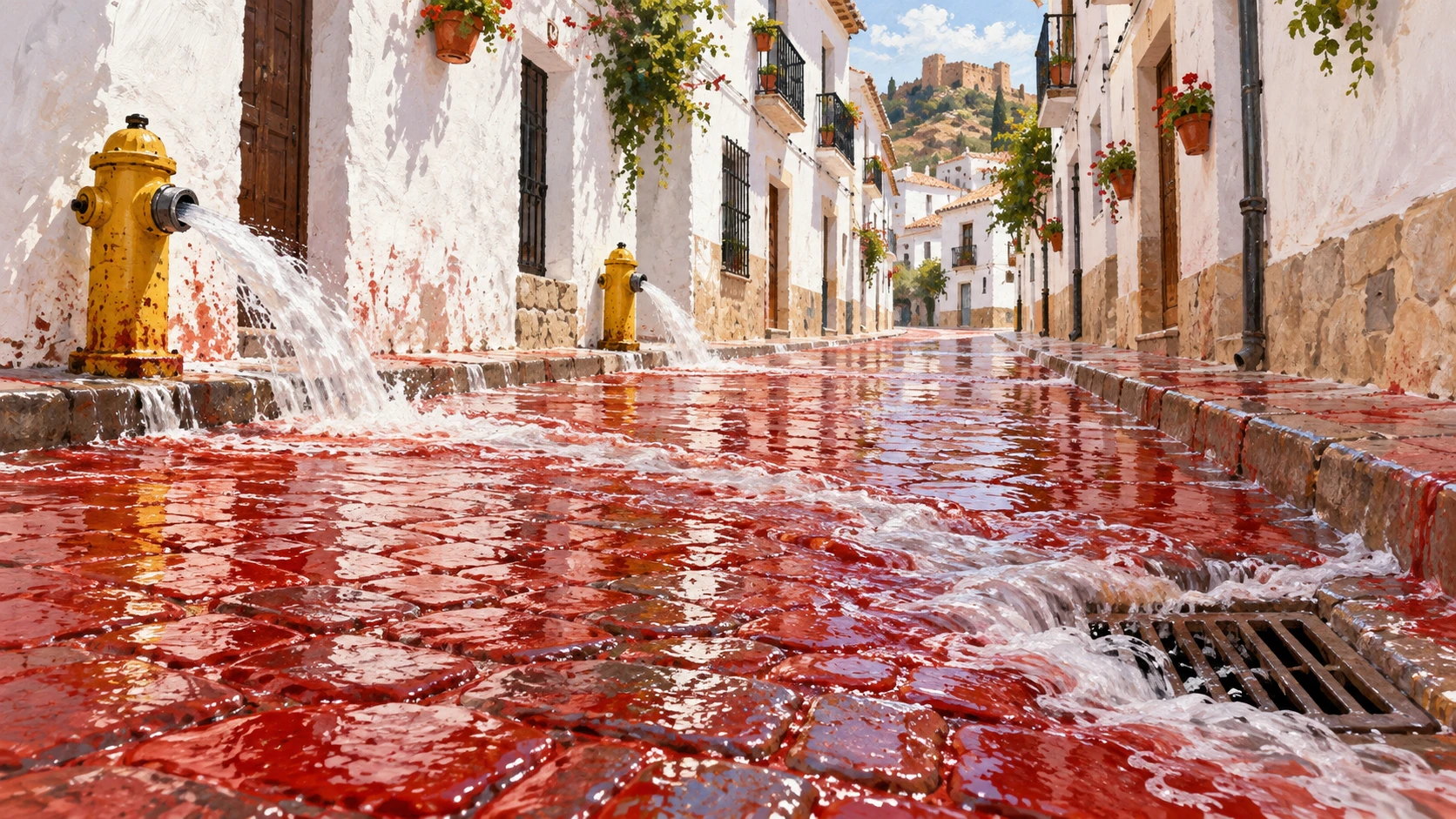 Village cobblestones washed by powerful water hoses from municipal pumper trucks following the festival.