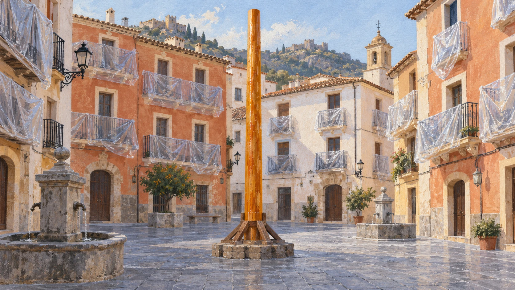 The tall greased wooden timber pole erected in the central square for the palo jabon climbing ritual.