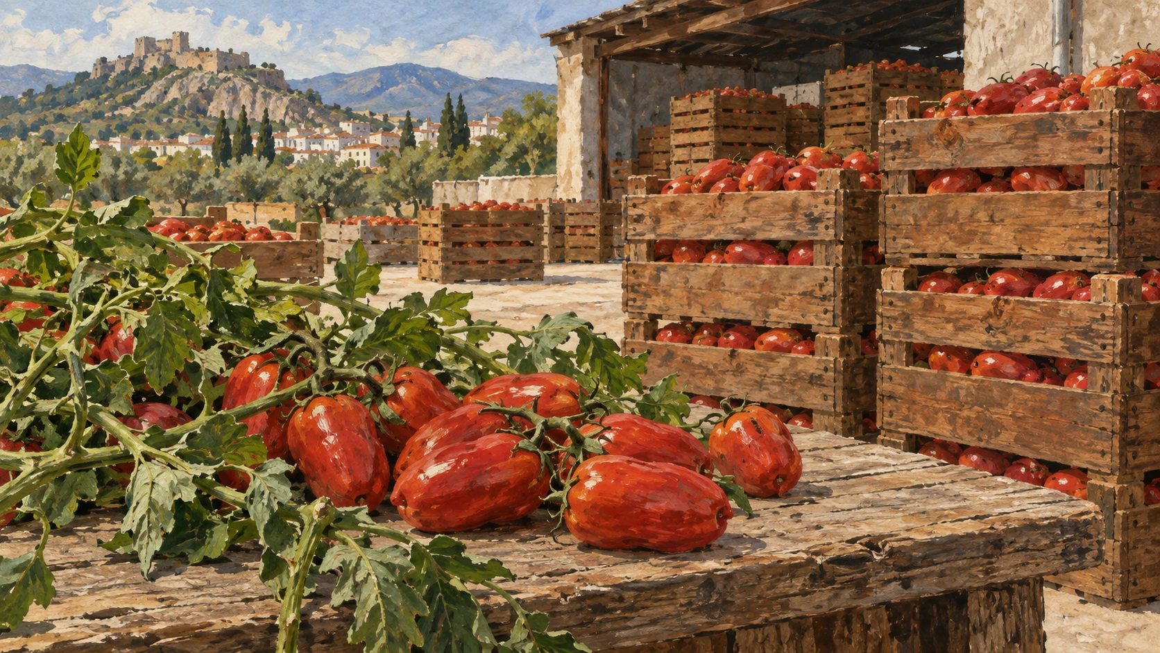 Wooden crates filled with deep crimson soft paste tomatoes at an agricultural dispatch depot.