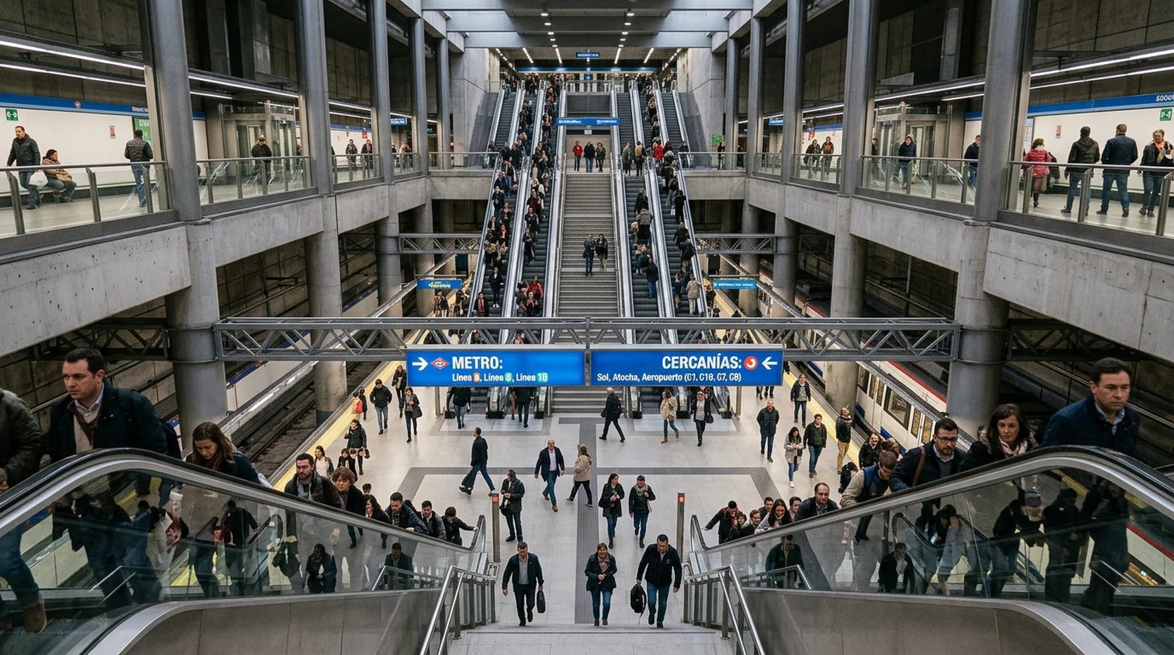 The multi-level underground cavern of Nuevos Ministerios station with high-speed escalators and passenger walkways.