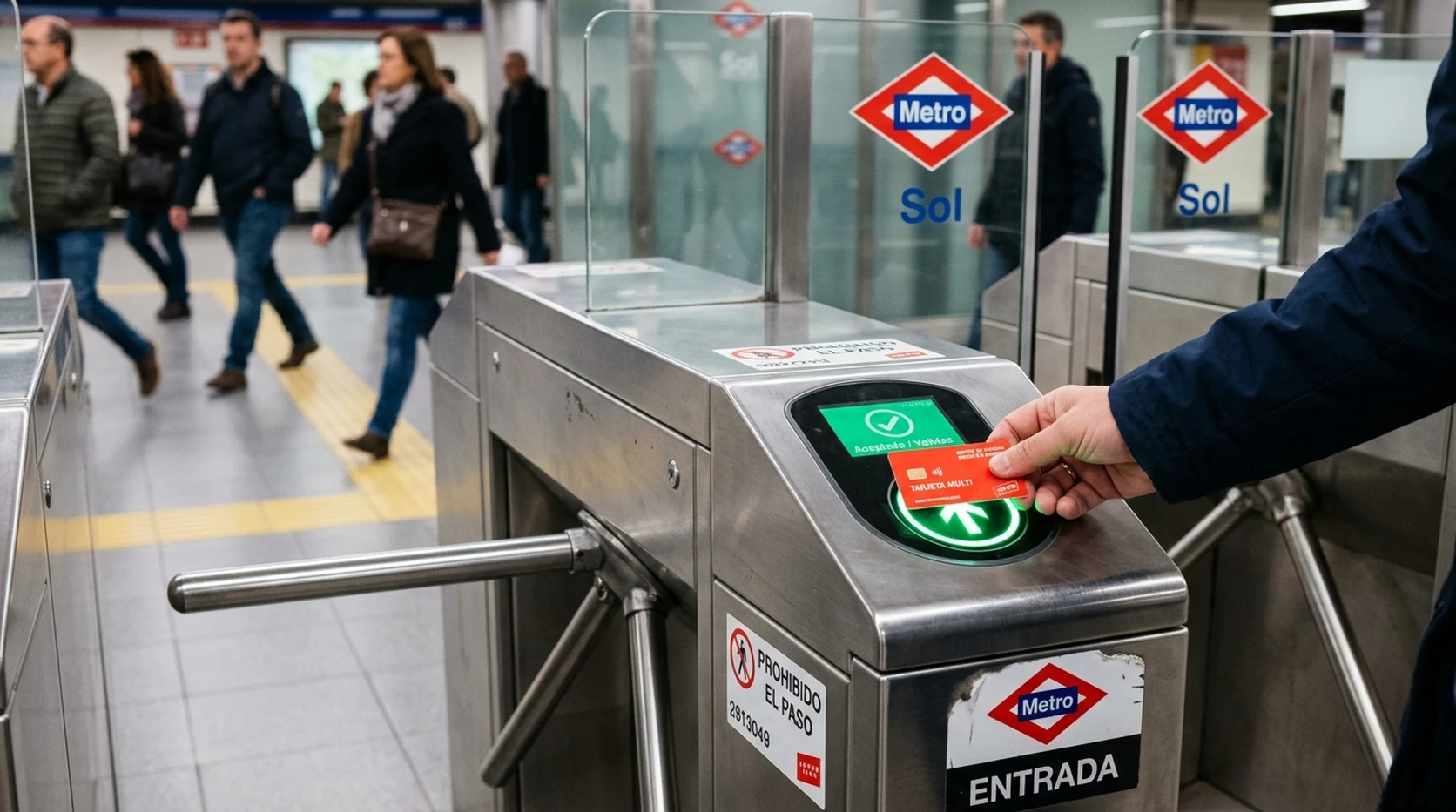 A passenger tapping a red contactless Tarjeta Multi travel card against the sensor screen of an automated stainless steel turnstile.