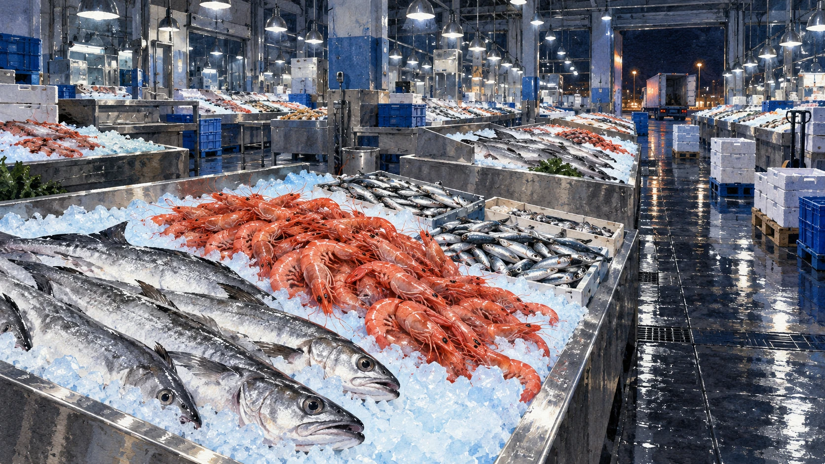 Interior view of the central wholesale fish market pavilion at Mercamadrid.
