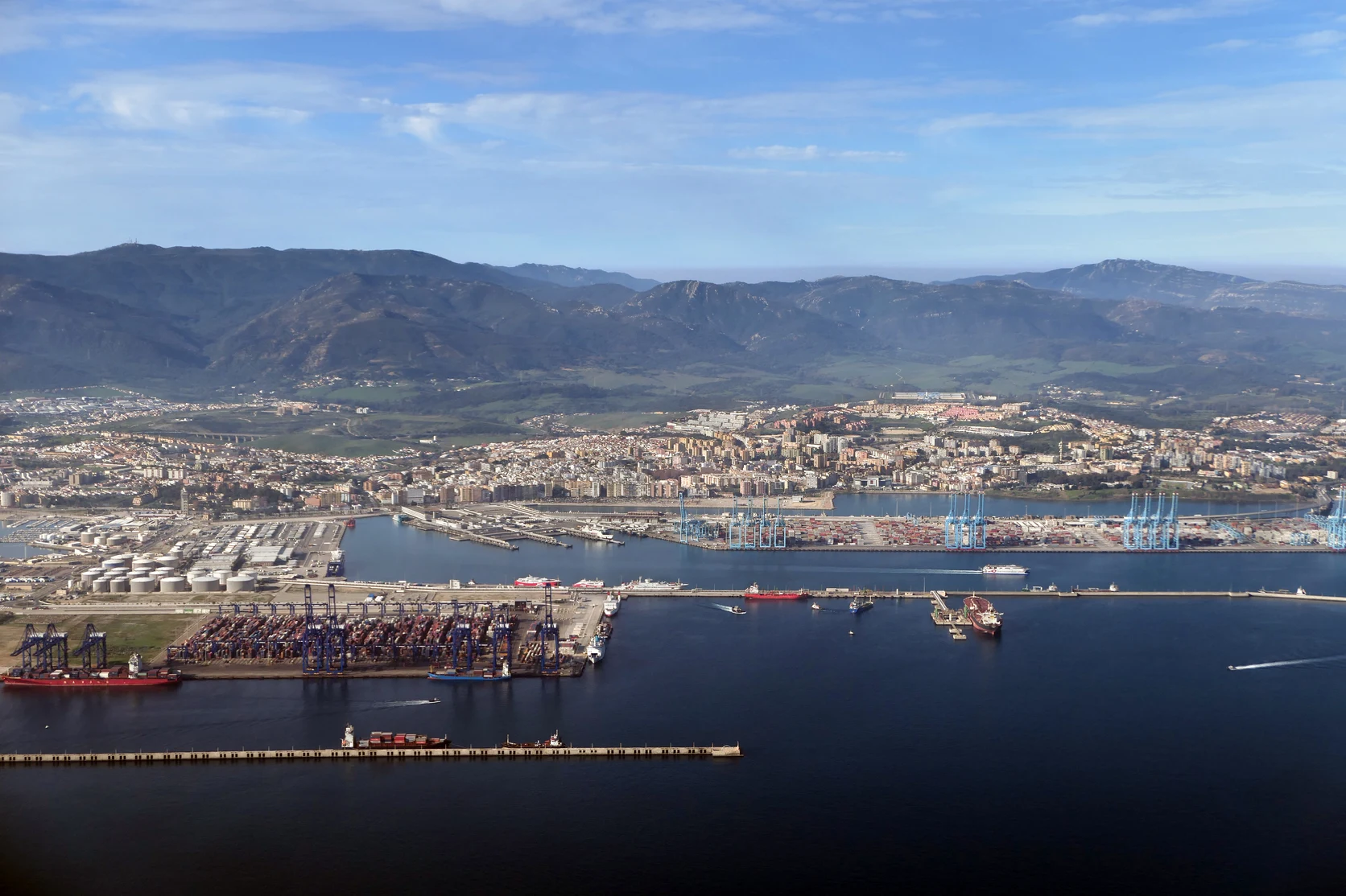 Panoramic view of the Port of Algeciras container terminal along the Bay of Algeciras.