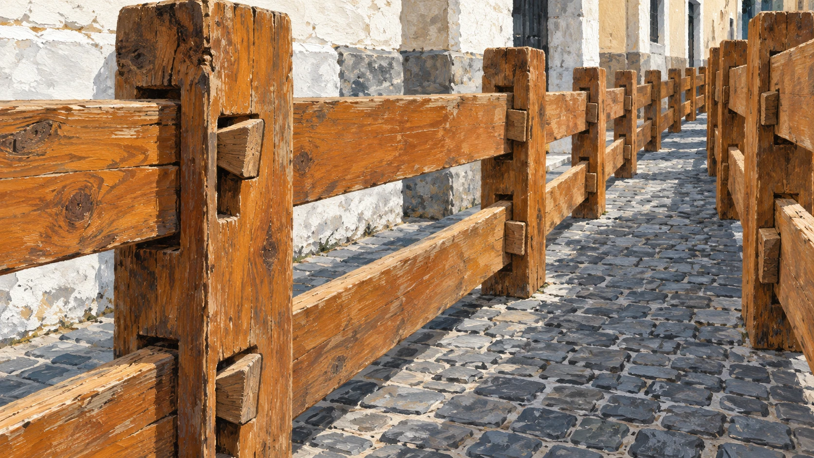 Sturdy pine posts and horizontal planks forming the double wooden safety barrier along Calle Mercaderes.