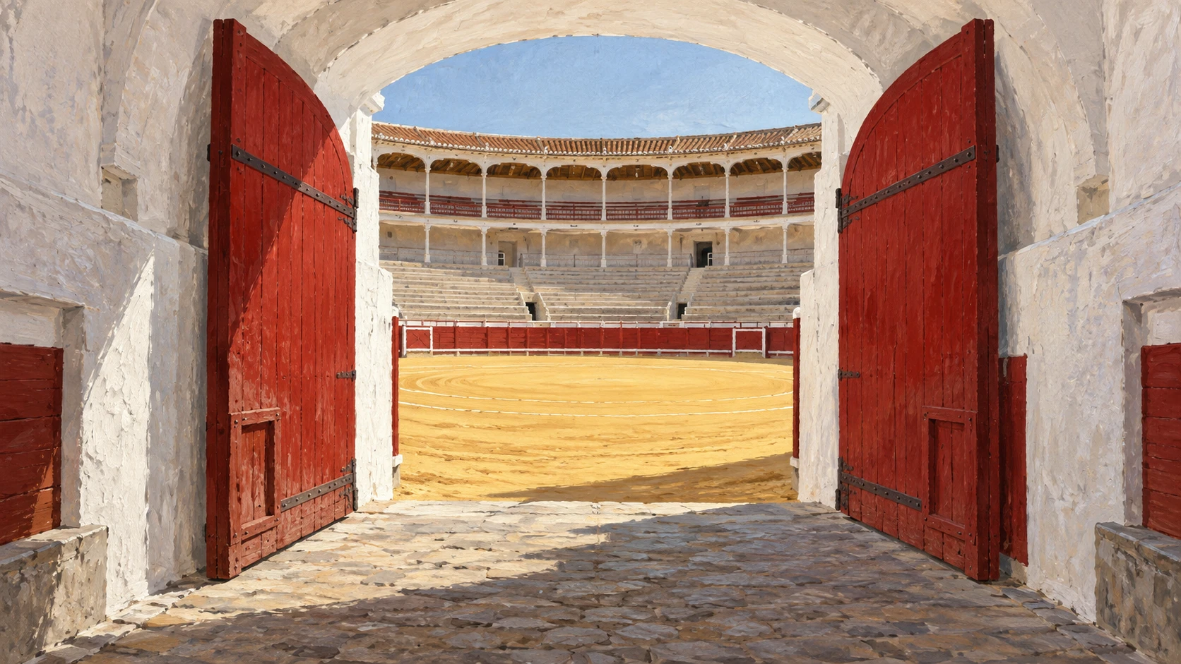 The open red wooden gates and arched entrance tunnel leading into the historic Pamplona Plaza de Toros arena.