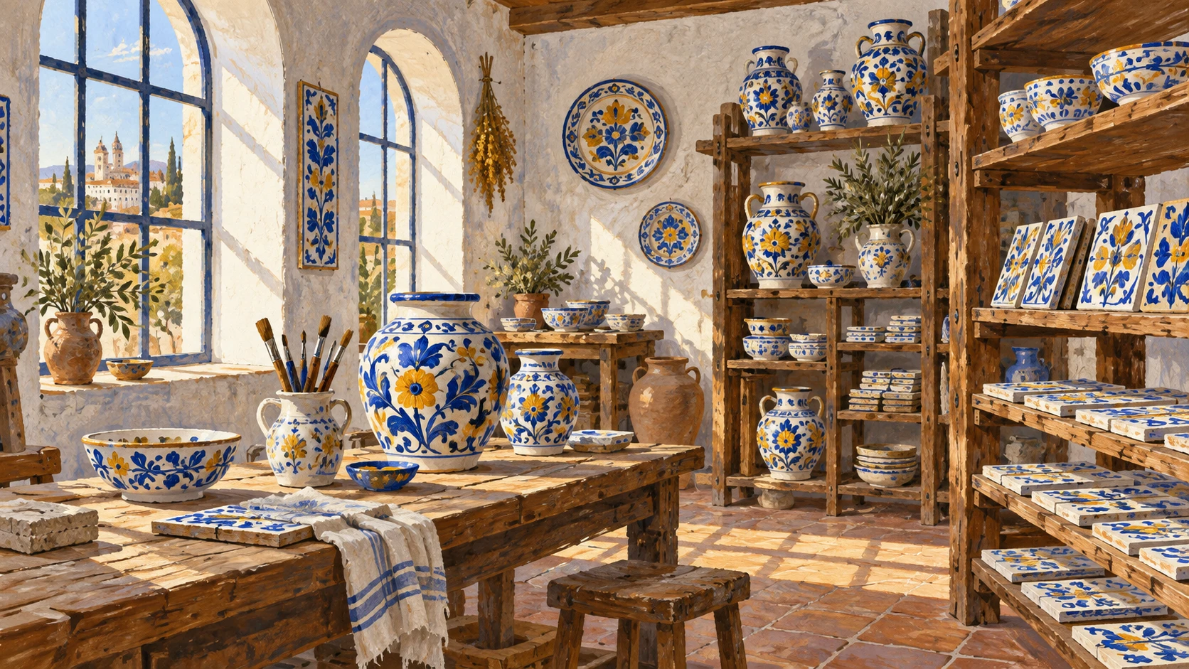 Interior view of an artisan ceramic studio in Talavera de la Reina with glazed botanical plates, vases, and wooden shelves.