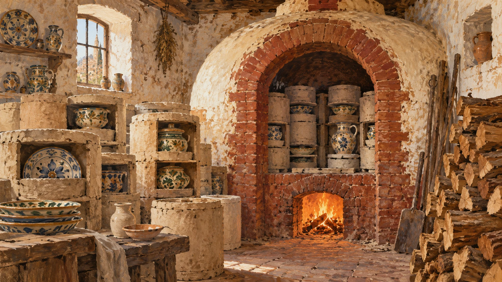Historic brick ceramic kiln room with stacked refractory clay saggers holding delicate glazed wares.