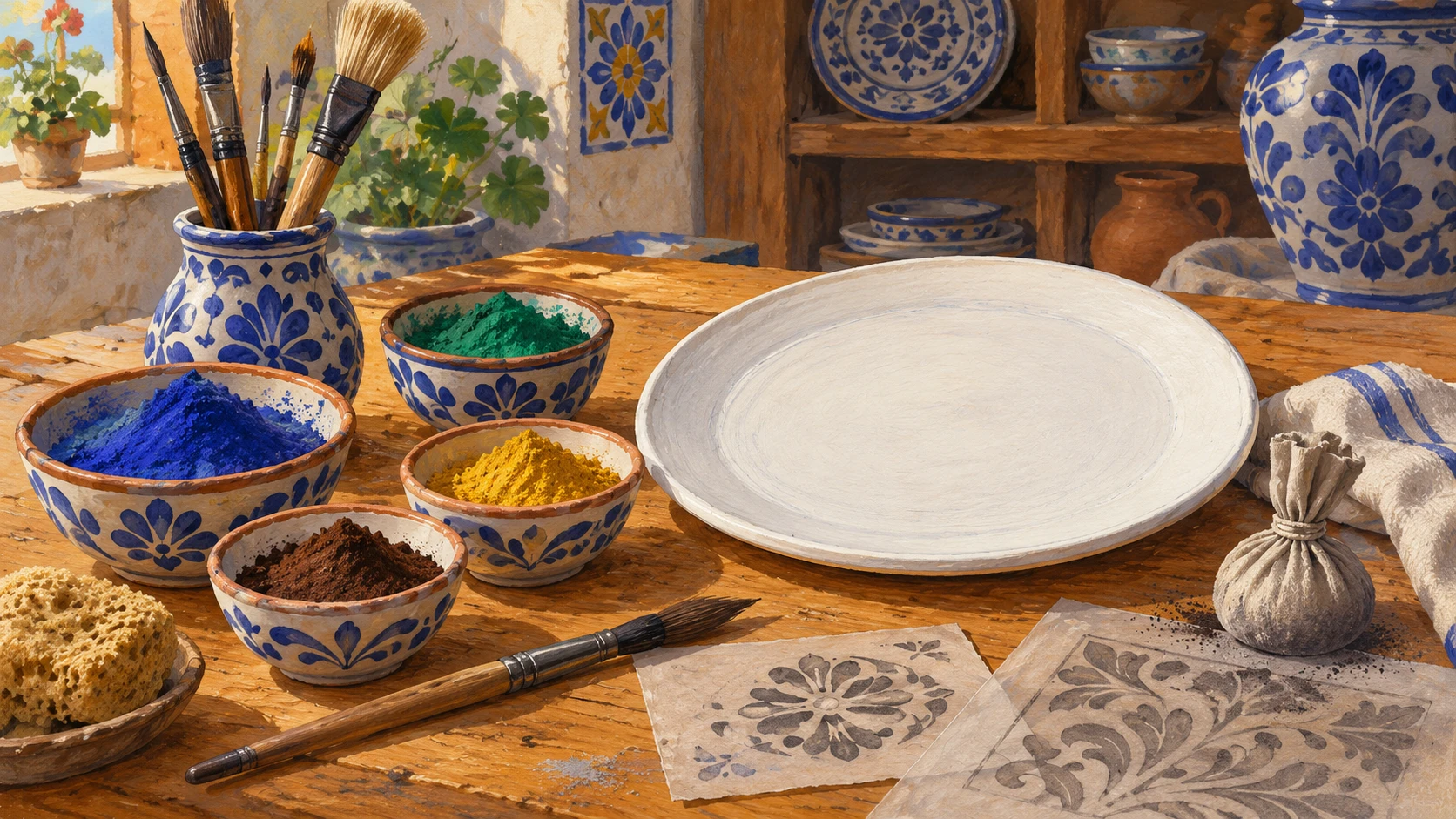 Ceramic painter workstation with mineral pigments in cobalt blue and copper green alongside fine ox-hair brushes.